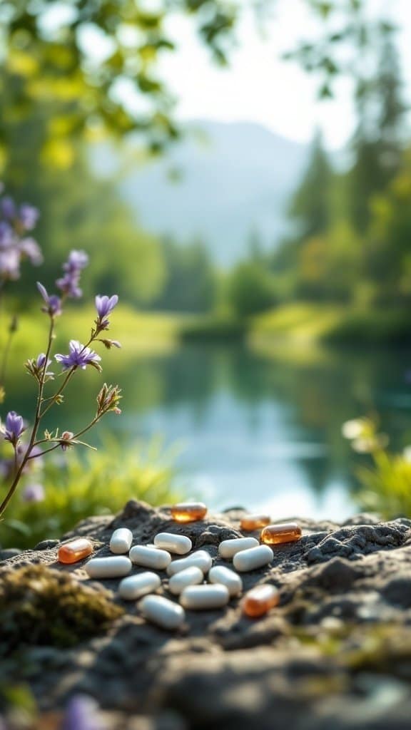 A collection of dietary supplements on a stone surface in a natural setting with flowers and a calm lake in the background.