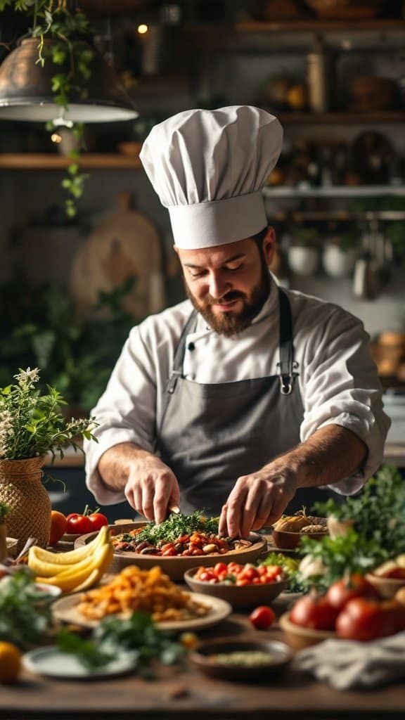 Chef preparing fresh ingredients in a cozy kitchen, surrounded by various vegetables and fruits.