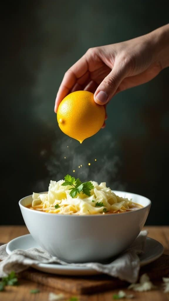 A hand squeezing a lemon over a bowl of cabbage soup garnished with cilantro.