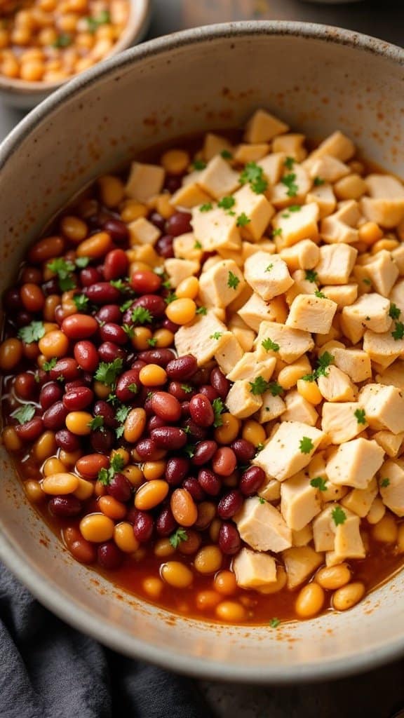 Ingredients for protein sources in fat-burning cabbage soup, featuring chunks of chicken and red kidney beans in a pot.