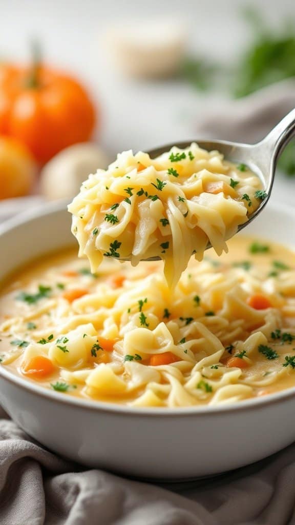 A bowl of noodle soup with vegetables, garnished with parsley, showcasing a comforting texture.