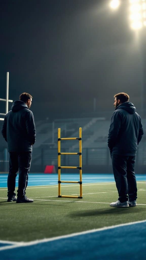 Two individuals looking at a yellow agility ladder on a sports field under bright lights at night.