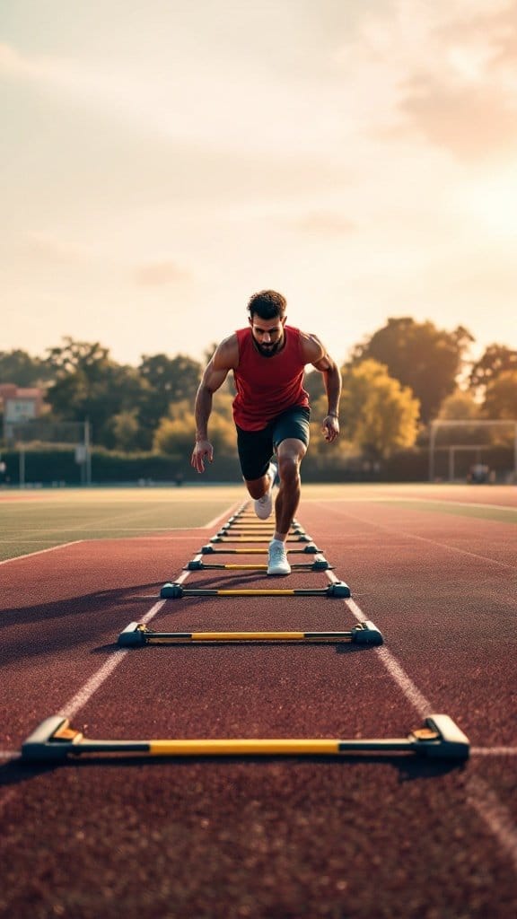 A person performing agility ladder drills on a track.