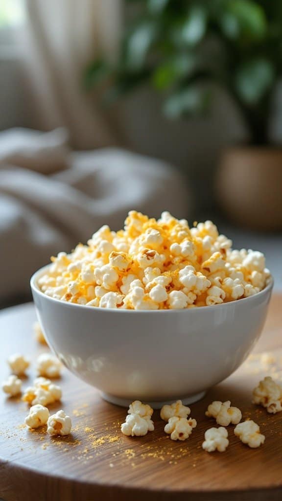 A bowl of air-popped popcorn topped with nutritional yeast, sitting on a wooden table with some popcorn scattered around.