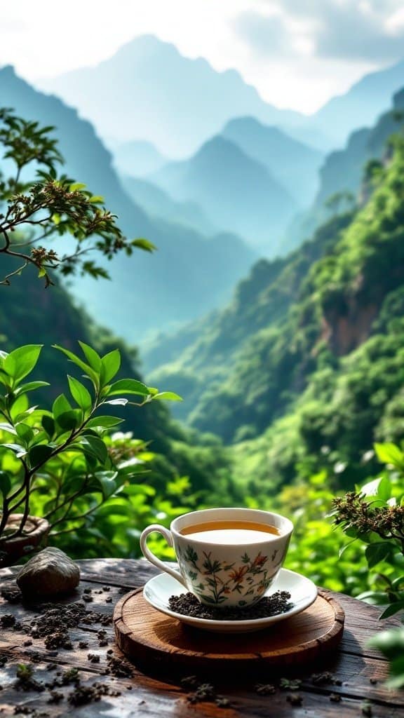 A cup of Ali Shan Oolong tea on a wooden table with mountains and greenery in the background.