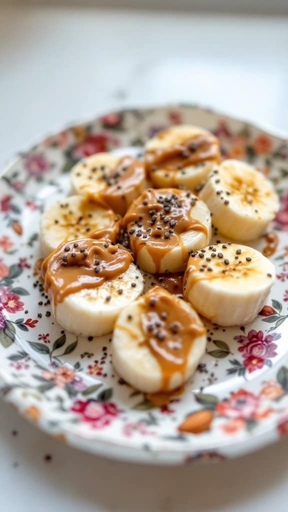 Sliced bananas topped with almond butter and chia seeds on a floral plate.