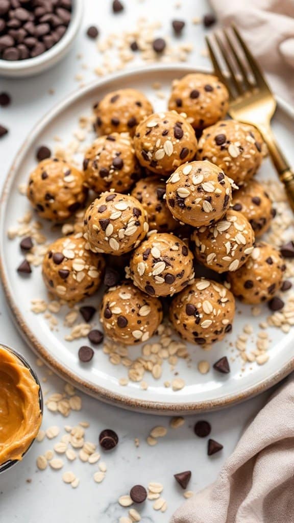A close-up view of almond butter energy bites sprinkled with oats and chocolate chips, displayed on a white plate.
