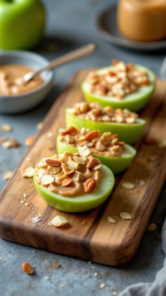 Apple slices topped with almond butter and sliced almonds on a wooden board
