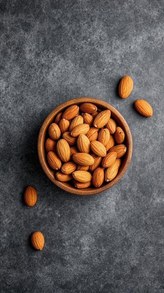 A wooden bowl filled with almonds on a dark surface, with a few almonds scattered around.