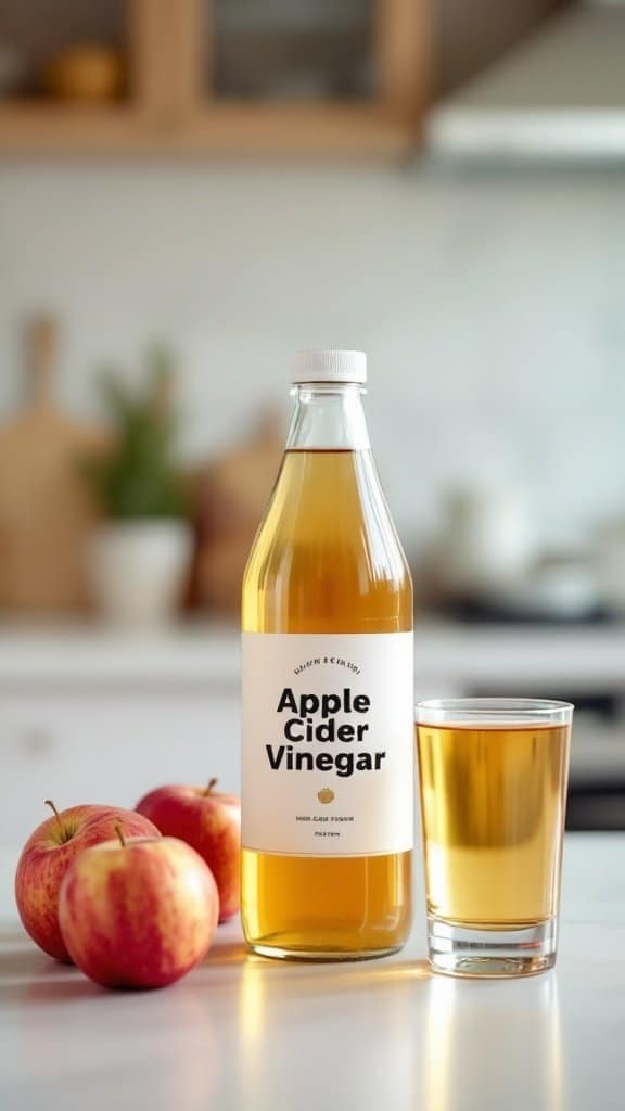 A bottle of apple cider vinegar with a glass of vinegar and fresh apples on a kitchen counter.