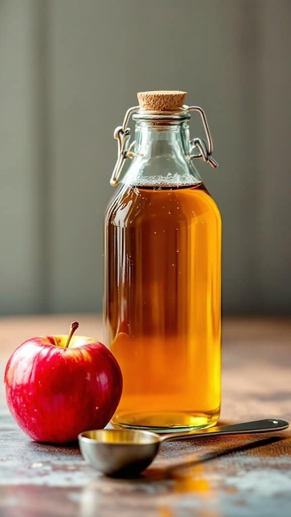 A clear bottle of apple cider vinegar next to a fresh red apple and a measuring spoon.