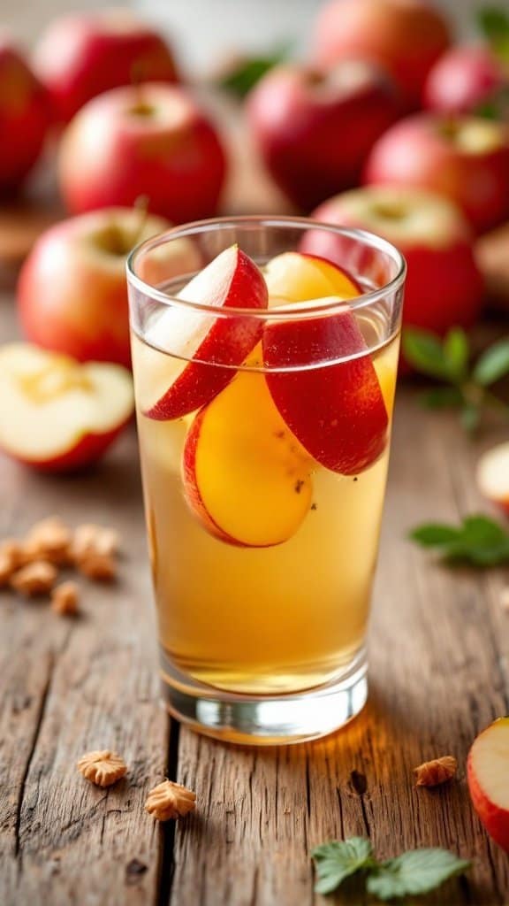 A glass of apple cider vinegar with apple slices, surrounded by whole apples on a wooden surface.