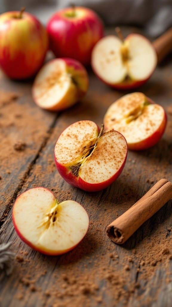 Fresh red apples cut in half with cinnamon sticks on a wooden surface