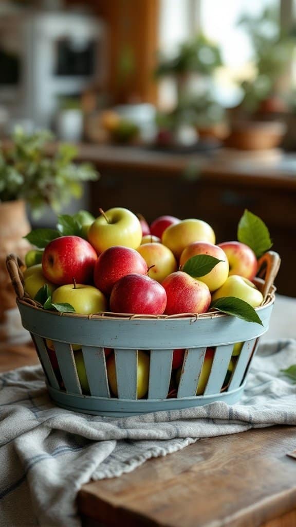 A basket of fresh apples on a wooden table, surrounded by greenery