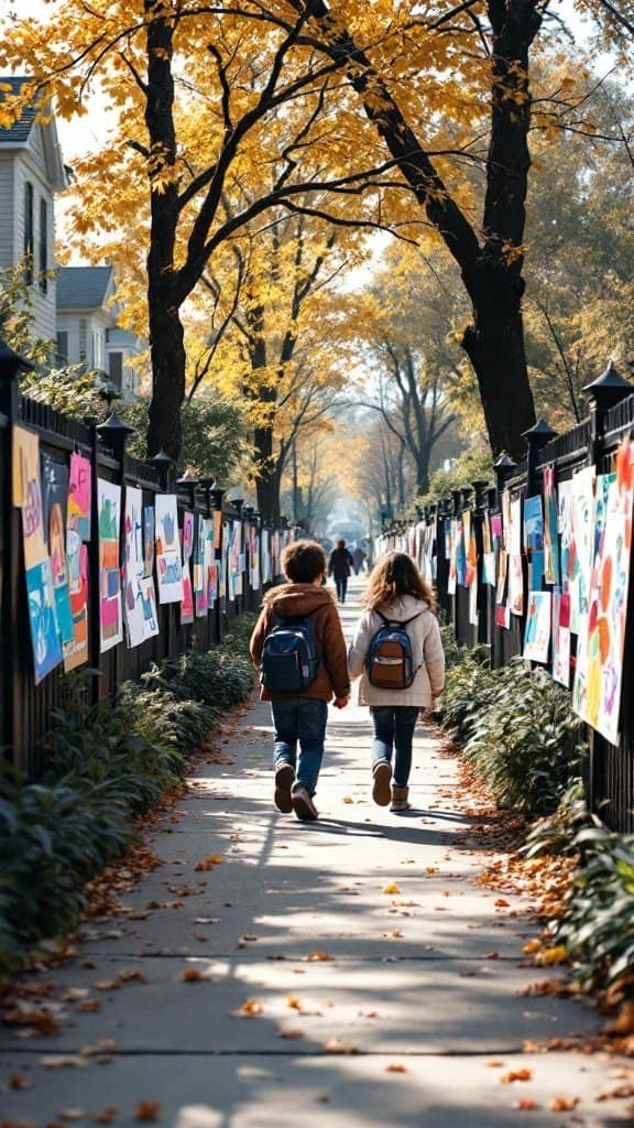 Children walking along a path lined with colorful artworks in a neighborhood during autumn.