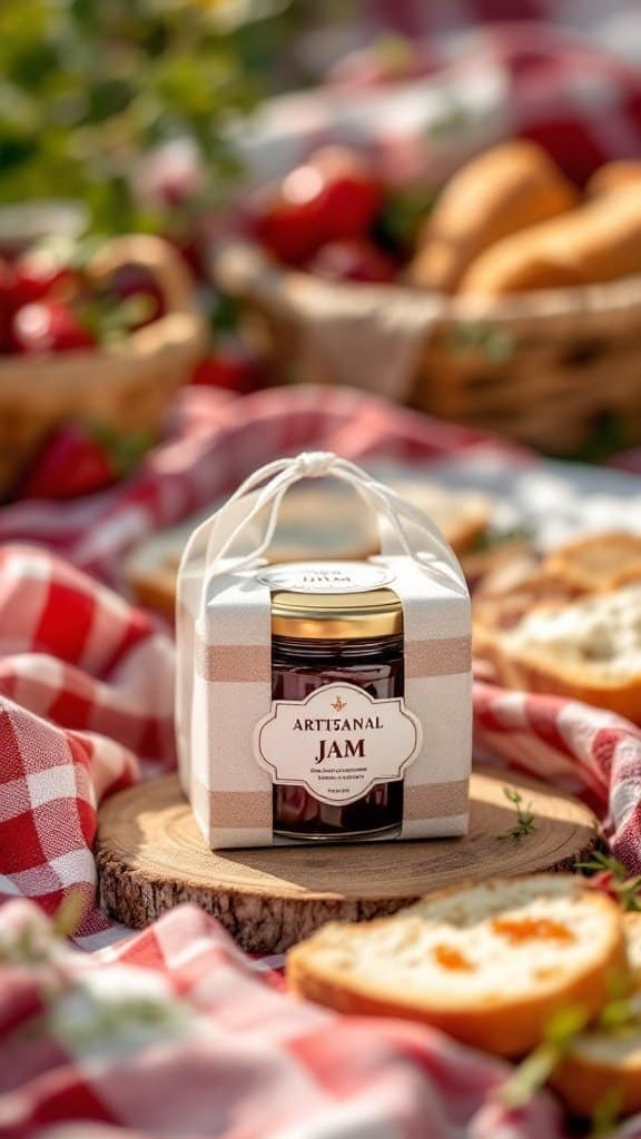 Artisanal jam gift set with bread on a wooden board.