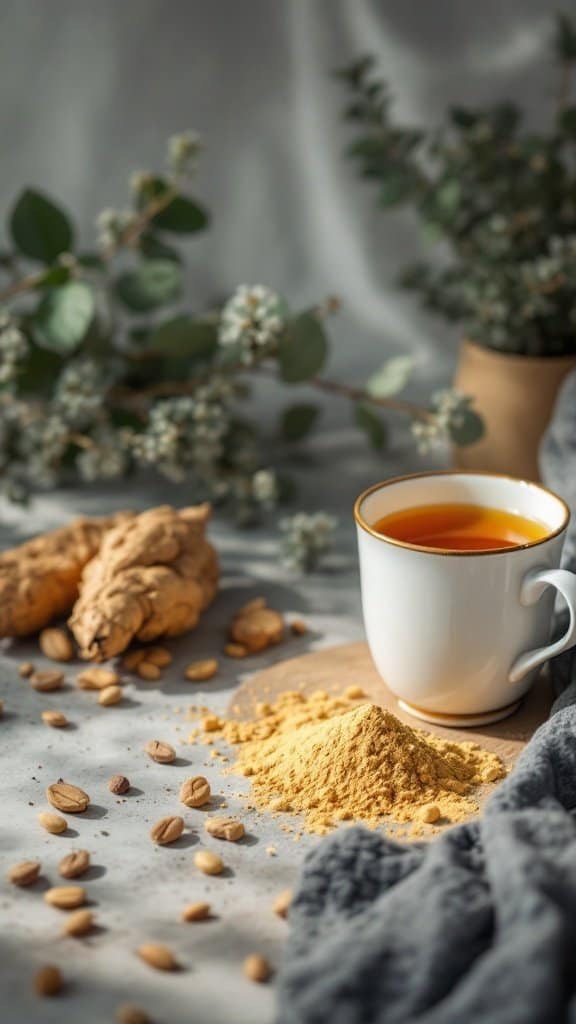 A soothing setup featuring ashwagandha root, powder, and a cup of tea, symbolizing stress relief.