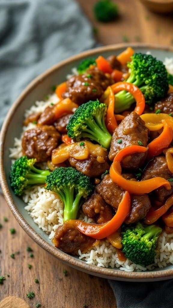 A bowl of Asian Ginger Beef and Broccoli on rice, featuring colorful vegetables and tender beef.