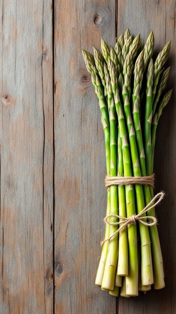 A bundle of fresh asparagus tied with twine resting on a wooden surface.