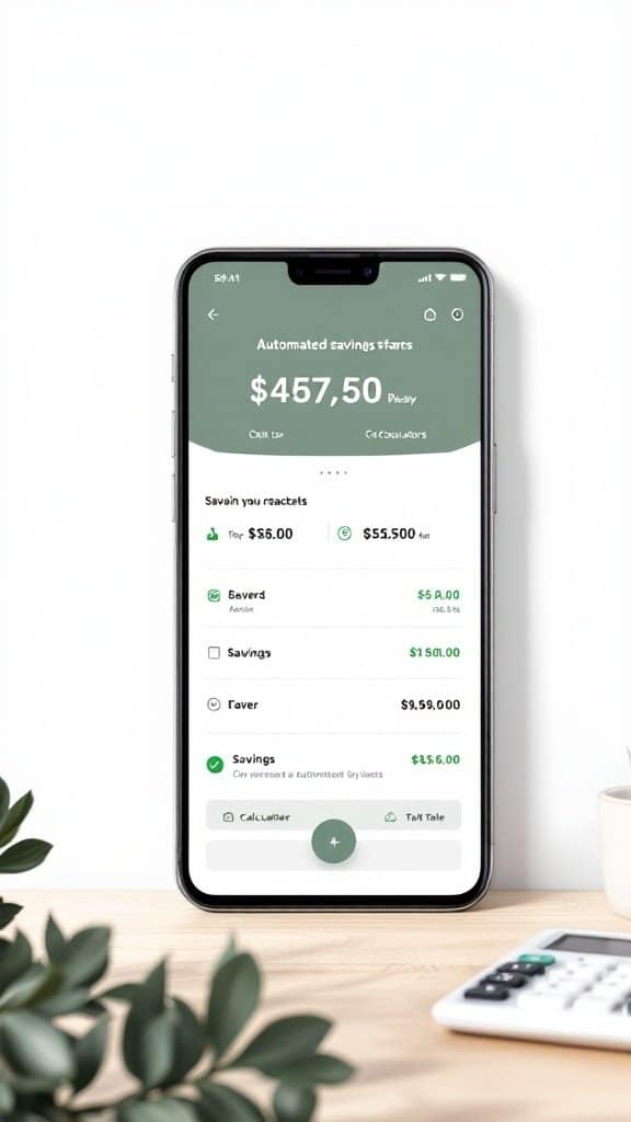A smartphone showing an automated savings app with a balance of $457.50.