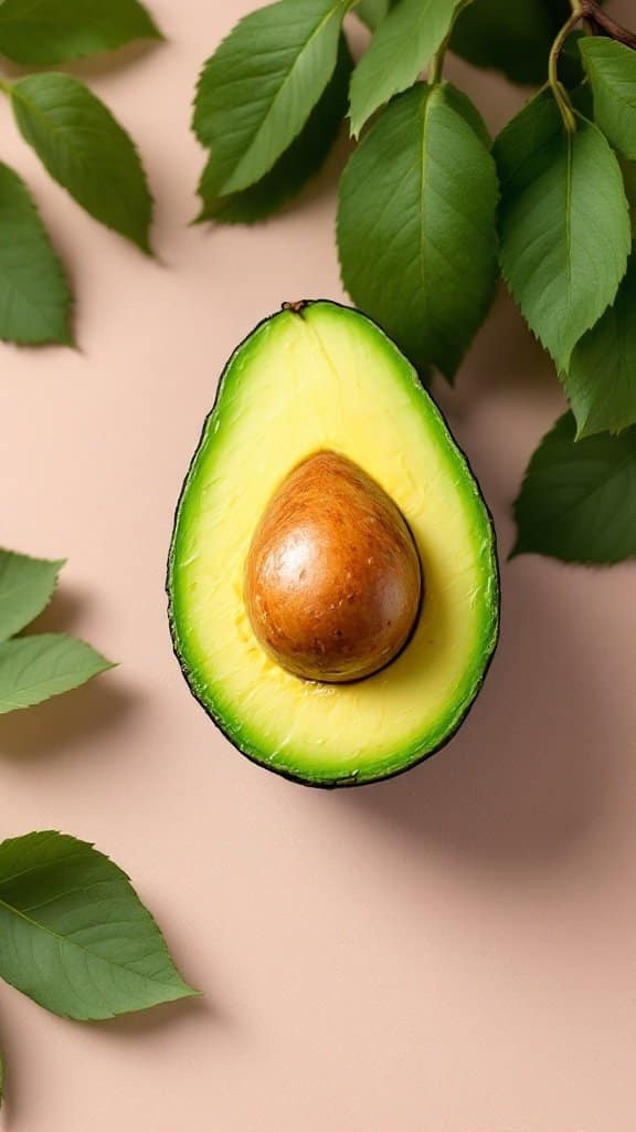 A freshly sliced avocado showing its green flesh and brown seed, surrounded by green leaves.