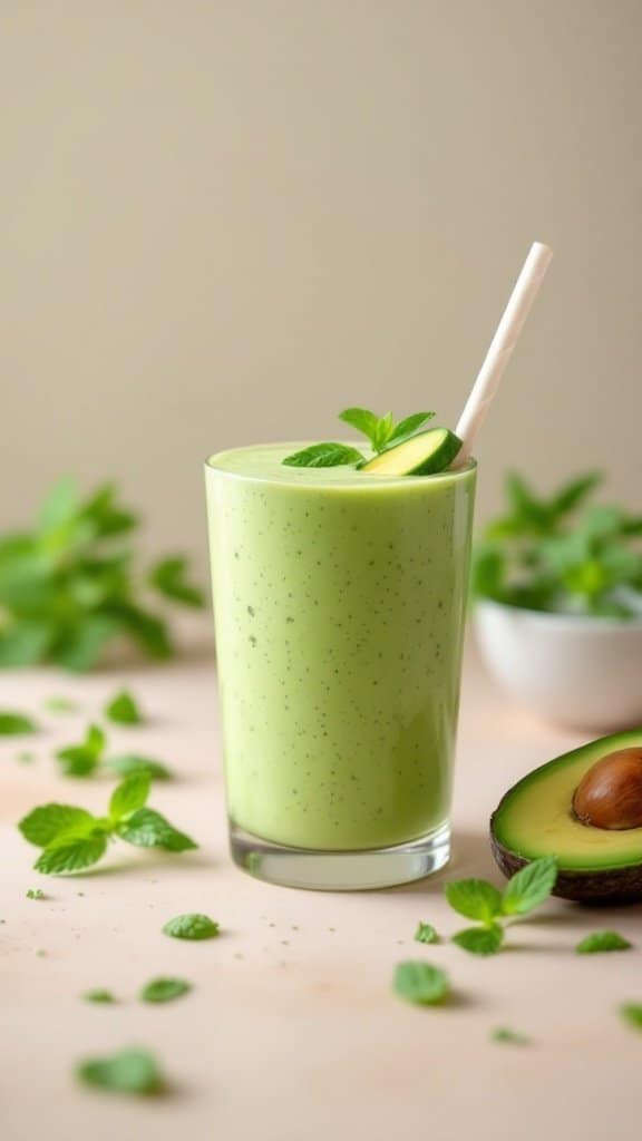 A refreshing avocado and mint smoothie in a glass with a straw, surrounded by fresh mint leaves and half an avocado.
