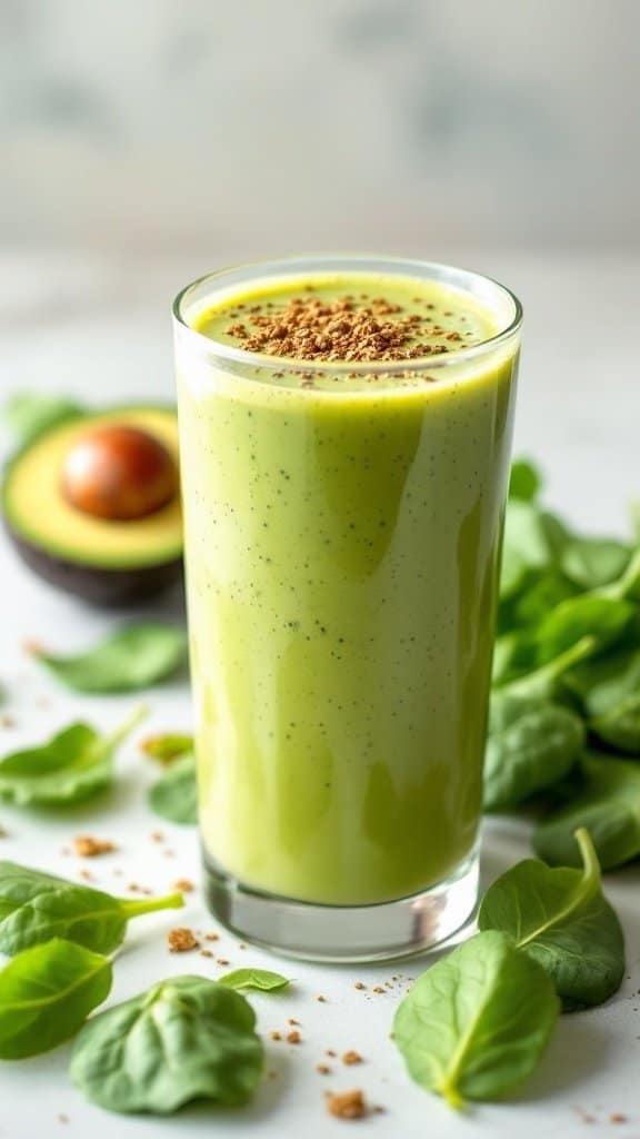 A glass of green smoothie made with avocado and spinach, garnished with crunchy toppings, surrounded by fresh spinach leaves and half an avocado.