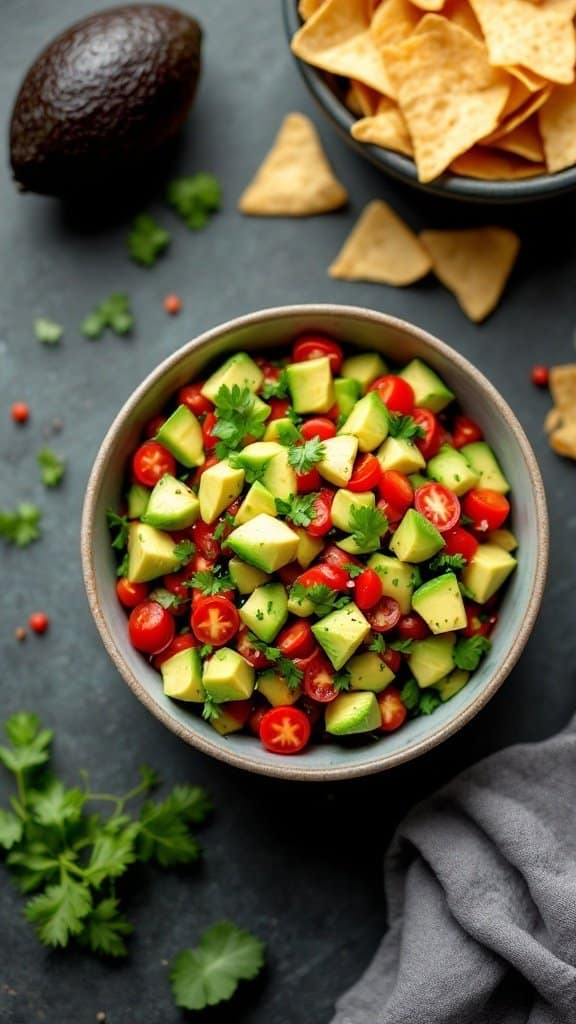 A bowl of avocado and tomato salsa with fresh cilantro, served with tortilla chips