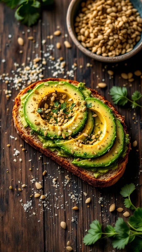 A slice of toasted bread topped with avocado slices, sesame seeds, and fresh herbs on a wooden table.