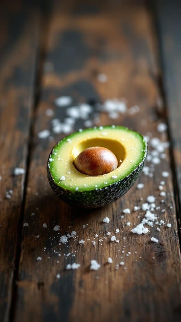 A halved ripe avocado with a brown seed on a wooden surface sprinkled with salt.