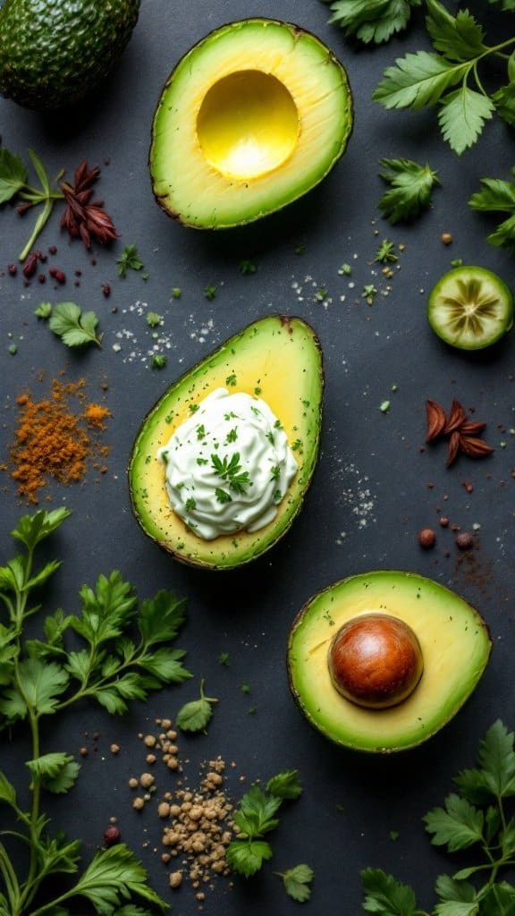Fresh avocados displayed on a dark surface with herbs and spices