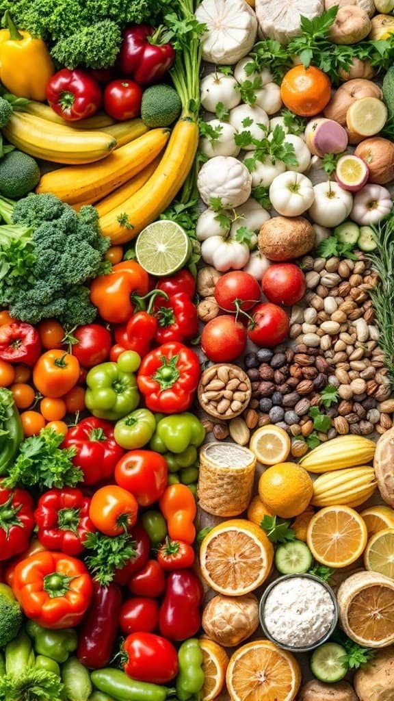 An assortment of fresh fruits, vegetables, and nuts arranged on a table, showcasing the benefits of whole foods.