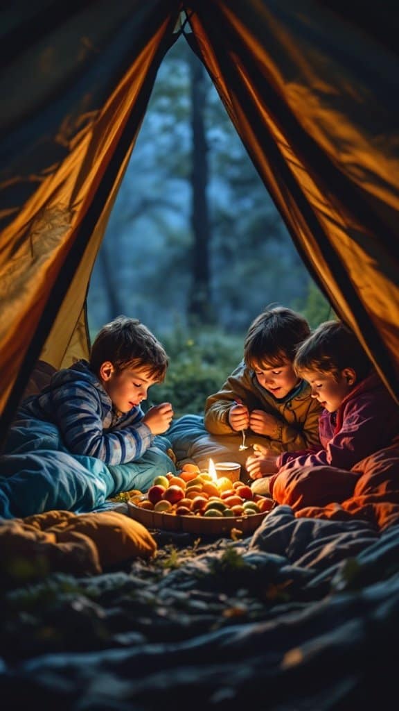 Children enjoying a campfire inside a tent in the backyard.