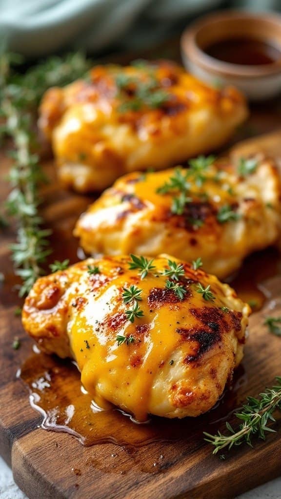 Baked honey mustard chicken thighs on a wooden board with thyme garnish.