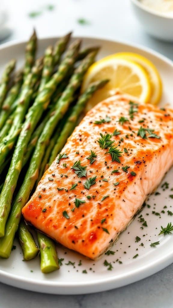 A plate of baked salmon with asparagus and lemon slices