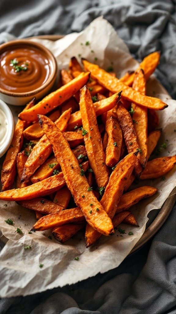 Plate of crispy baked sweet potato fries with dips on the side.