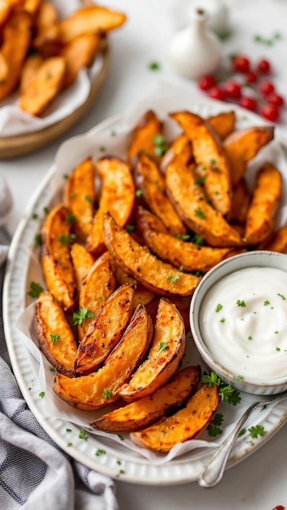 A plate of baked sweet potato wedges served with a creamy dip, garnished with parsley.
