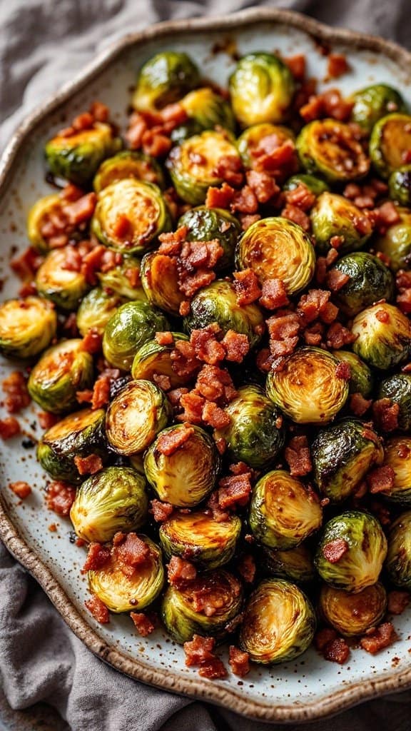 A plate of balsamic glazed Brussels sprouts topped with crispy bacon, served on a textured dish.