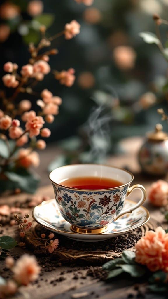 A beautifully designed cup of Baozhong tea surrounded by delicate flowers, capturing the essence of a calming tea experience.