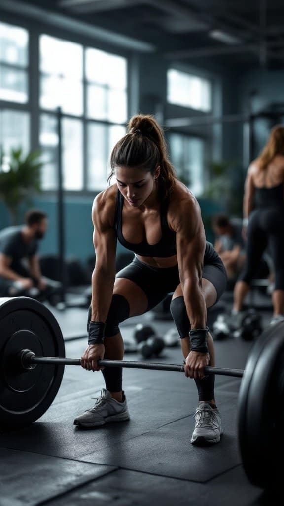 A fitness enthusiast preparing to lift a barbell, demonstrating proper form for barbell thrusters.