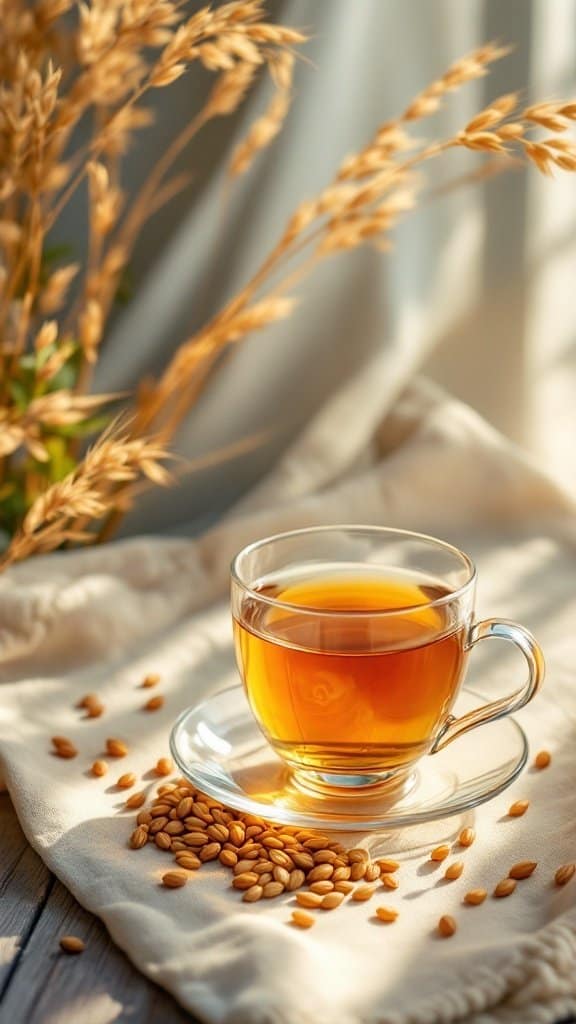 A cup of barley tea with grains scattered around, symbolizing hydration and health.
