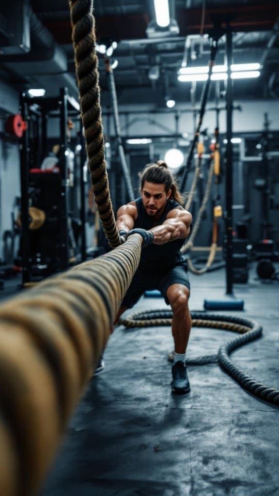 A person using battle ropes for a workout in a gym setting.