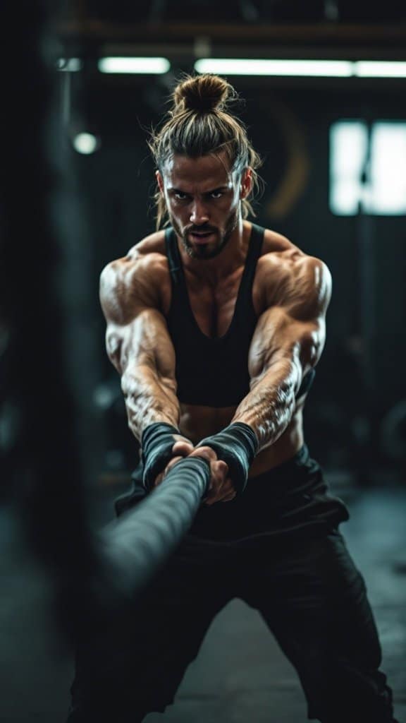 A muscular individual using battle ropes during a high-intensity workout.