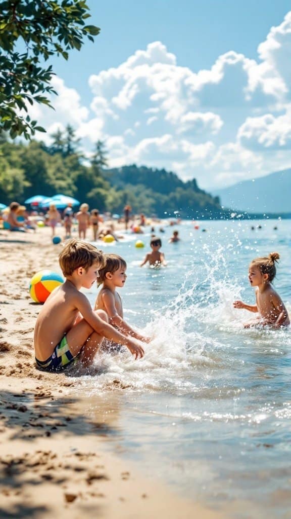 Children playing by the water at a beach or lake