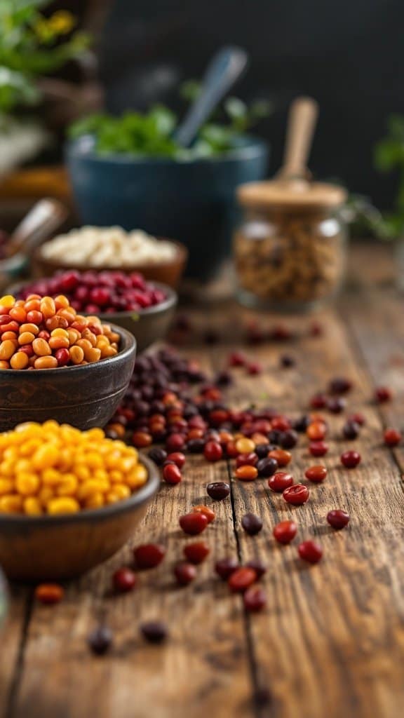 An assortment of colorful beans and legumes in bowls on a wooden table.