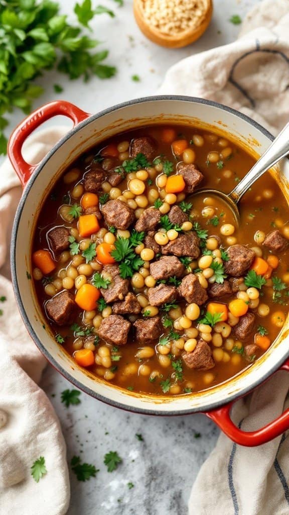 A pot of hearty Beef and Barley Soup with chunks of beef, vegetables, and herbs.