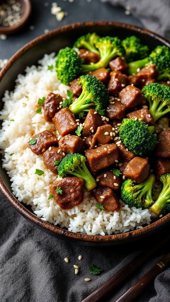 A delicious bowl of Beef and Broccoli Stir-Fry with rice, topped with sesame seeds