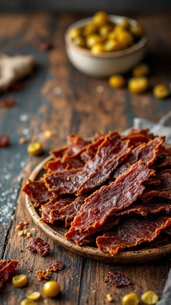 A plate of beef jerky strips with a bowl of green olives in the background.