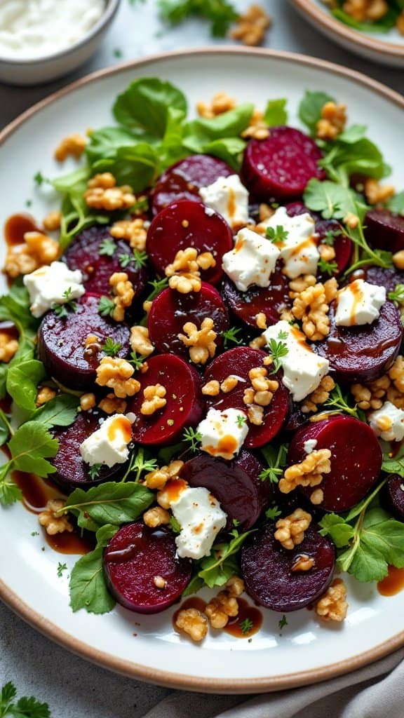 A colorful beet and goat cheese salad with walnuts, greens, and a drizzle of balsamic dressing.