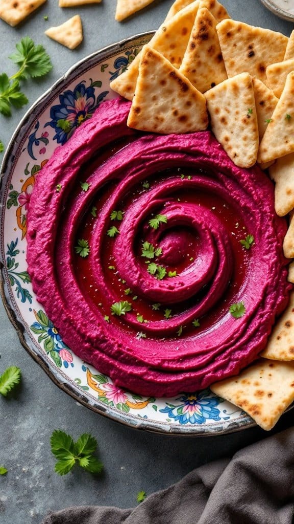 A colorful bowl of beet hummus garnished with herbs, surrounded by pita chips on a decorative plate.
